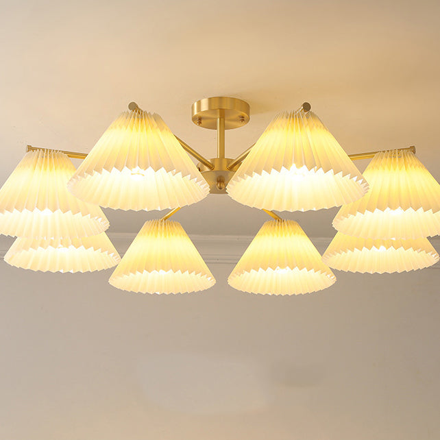Contemporary Scandinavian Round Pleated Scalloped Branch Fabric Copper 3/5/8 Light Chandelier For Living Room