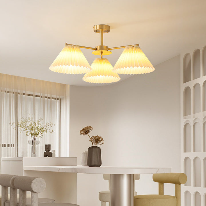 Contemporary Scandinavian Round Pleated Scalloped Branch Fabric Copper 3/5/8 Light Chandelier For Living Room
