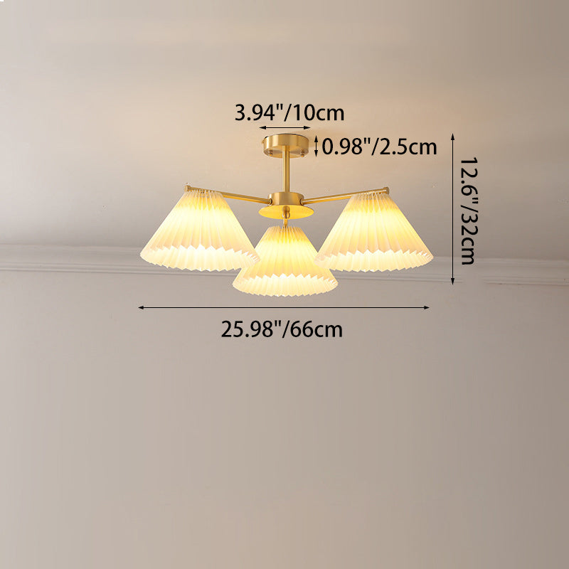 Contemporary Scandinavian Round Pleated Scalloped Branch Fabric Copper 3/5/8 Light Chandelier For Living Room