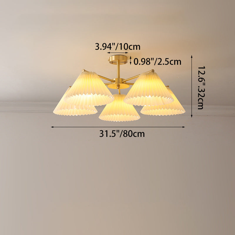 Contemporary Scandinavian Round Pleated Scalloped Branch Fabric Copper 3/5/8 Light Chandelier For Living Room