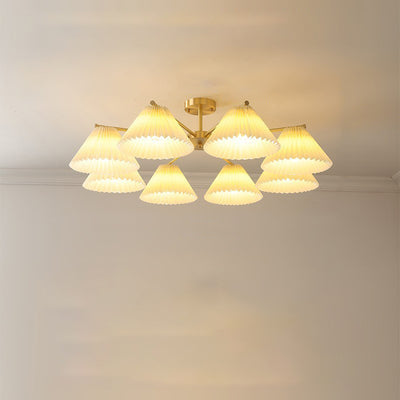 Contemporary Scandinavian Round Pleated Scalloped Branch Fabric Copper 3/5/8 Light Chandelier For Living Room