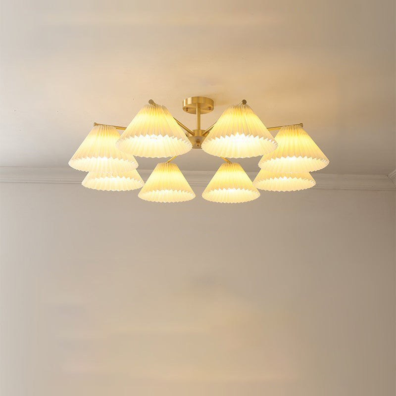 Contemporary Scandinavian Round Pleated Scalloped Branch Fabric Copper 3/5/8 Light Chandelier For Living Room