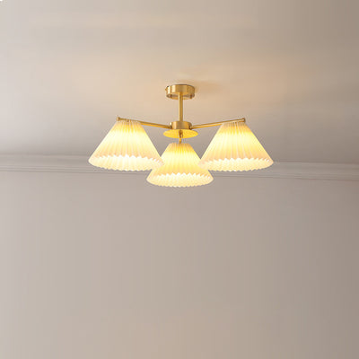 Contemporary Scandinavian Round Pleated Scalloped Branch Fabric Copper 3/5/8 Light Chandelier For Living Room