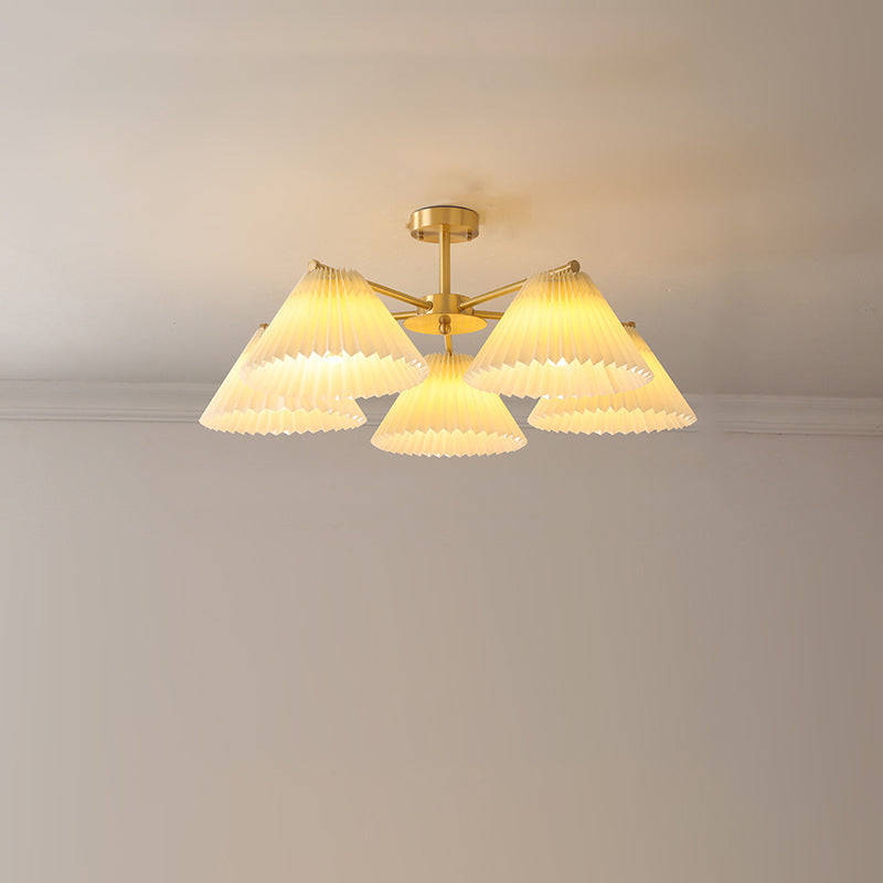 Contemporary Scandinavian Round Pleated Scalloped Branch Fabric Copper 3/5/8 Light Chandelier For Living Room