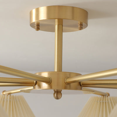 Contemporary Scandinavian Round Pleated Scalloped Branch Fabric Copper 3/5/8 Light Chandelier For Living Room