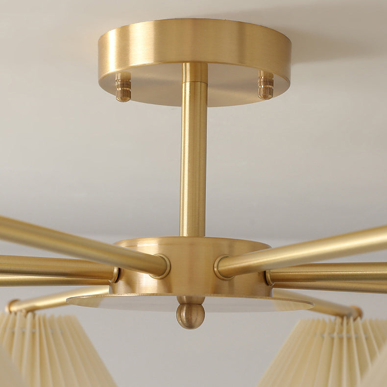 Contemporary Scandinavian Round Pleated Scalloped Branch Fabric Copper 3/5/8 Light Chandelier For Living Room