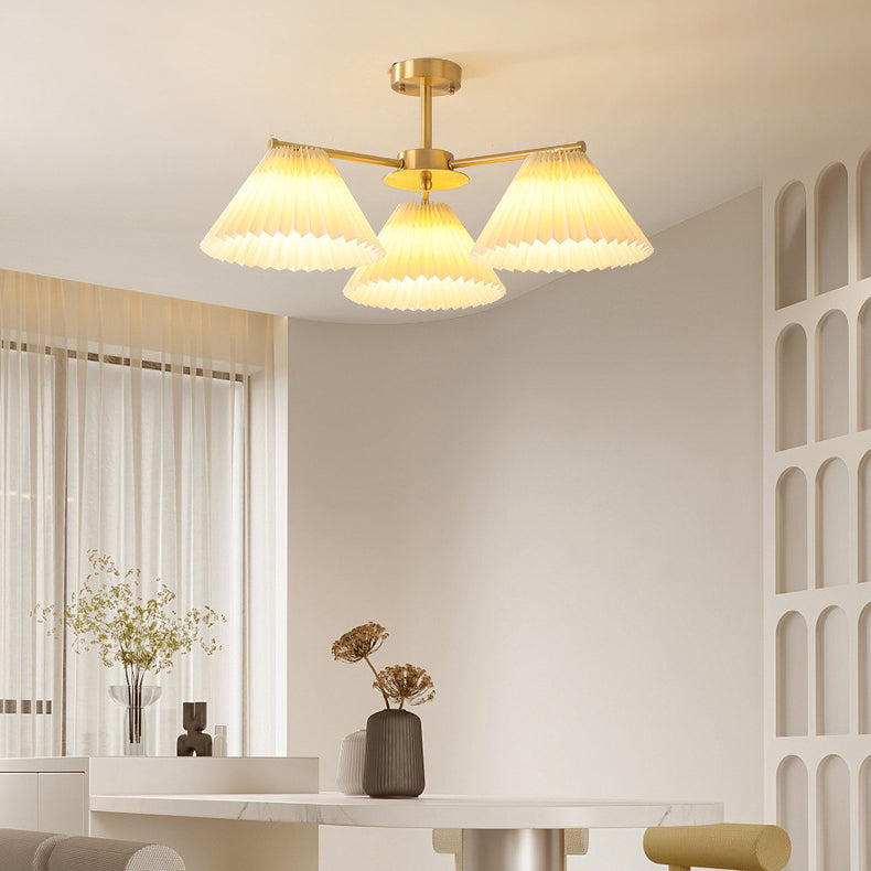 Contemporary Scandinavian Round Pleated Scalloped Branch Fabric Copper 3/5/8 Light Chandelier For Living Room