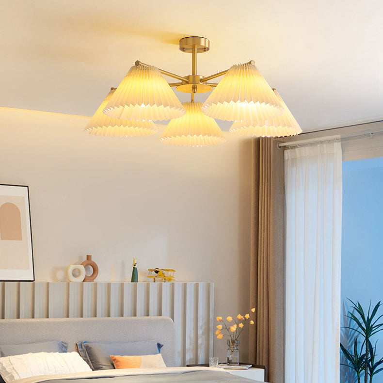 Contemporary Scandinavian Round Pleated Scalloped Branch Fabric Copper 3/5/8 Light Chandelier For Living Room