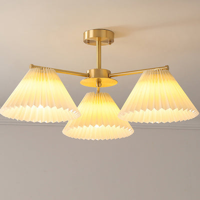 Contemporary Scandinavian Round Pleated Scalloped Branch Fabric Copper 3/5/8 Light Chandelier For Living Room