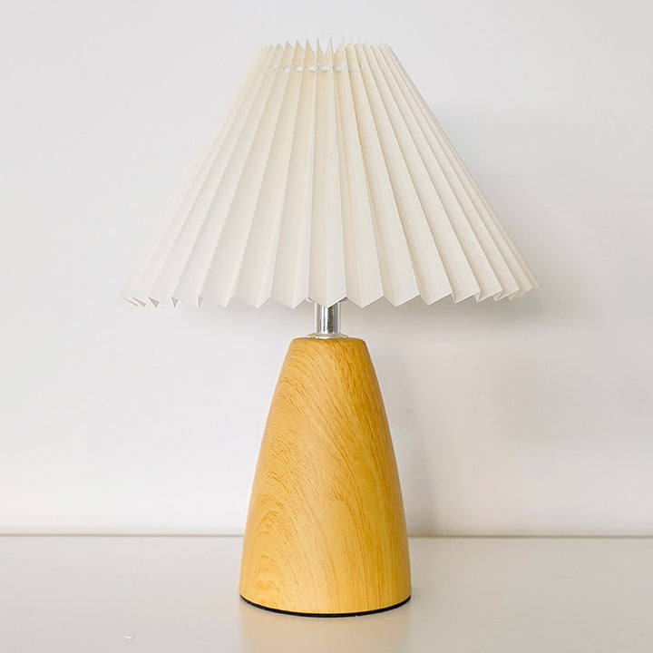 Traditional Vintage Scalloped Pleated Cone Fabric Wood LED Table Lamp For Living Room