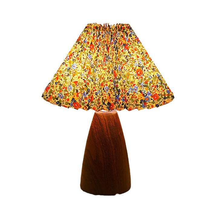 Traditional Vintage Scalloped Pleated Cone Fabric Wood LED Table Lamp For Living Room
