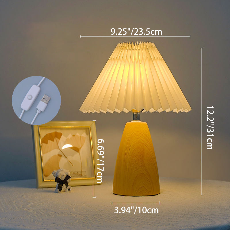 Traditional Vintage Scalloped Pleated Cone Fabric Wood LED Table Lamp For Living Room