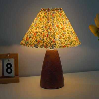 Traditional Vintage Scalloped Pleated Cone Fabric Wood LED Table Lamp For Living Room