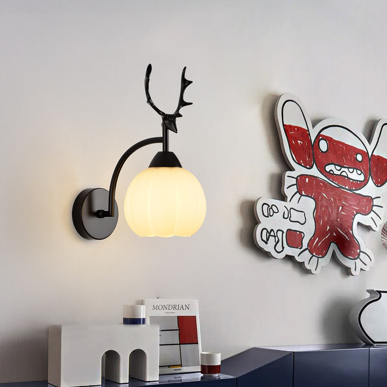 Modern Art Deco Antlers Pumpkin Round Glass Iron 1-Light Wall Sconce Lamp For Bedroom