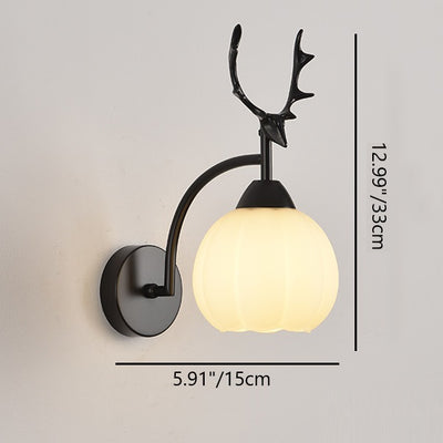 Modern Art Deco Antlers Pumpkin Round Glass Iron 1-Light Wall Sconce Lamp For Bedroom