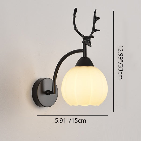 Modern Art Deco Antlers Pumpkin Round Glass Iron 1-Light Wall Sconce Lamp For Bedroom