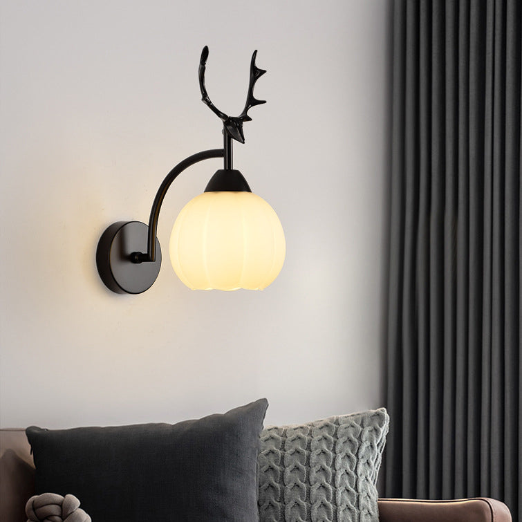 Modern Art Deco Antlers Pumpkin Round Glass Iron 1-Light Wall Sconce Lamp For Bedroom