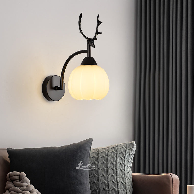 Modern Art Deco Antlers Pumpkin Round Glass Iron 1-Light Wall Sconce Lamp For Bedroom