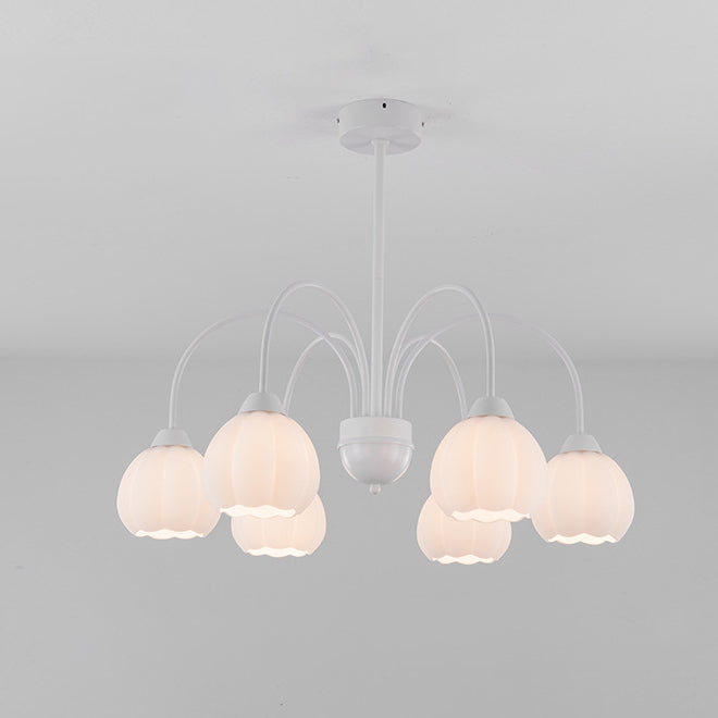 Traditional French Cream Belladonna Pumpkin Round Glass Iron 3/6/8-Light Chandelier For Living Room