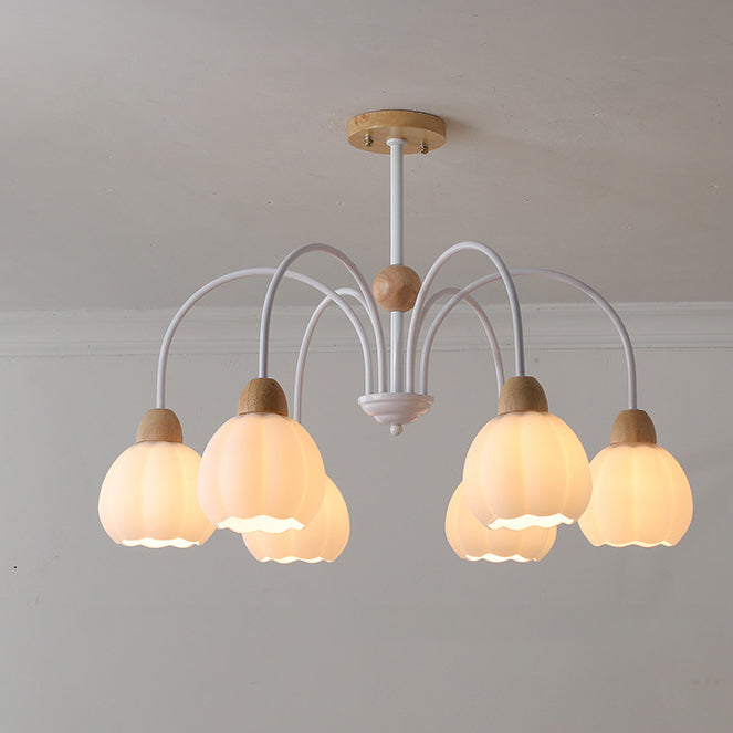 Traditional French Cream Belladonna Pumpkin Round Glass Iron 3/6/8-Light Chandelier For Living Room