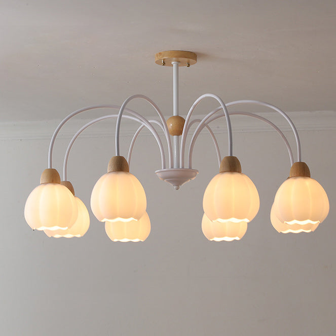 Traditional French Cream Belladonna Pumpkin Round Glass Iron 3/6/8-Light Chandelier For Living Room