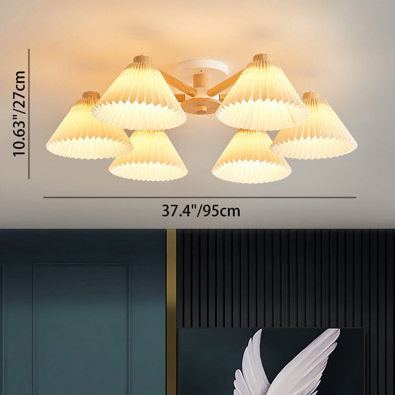 Plafonnier à 3/6 lumières avec matériel en bois et branches rondes à plis festonnés japonais traditionnels pour salon 
