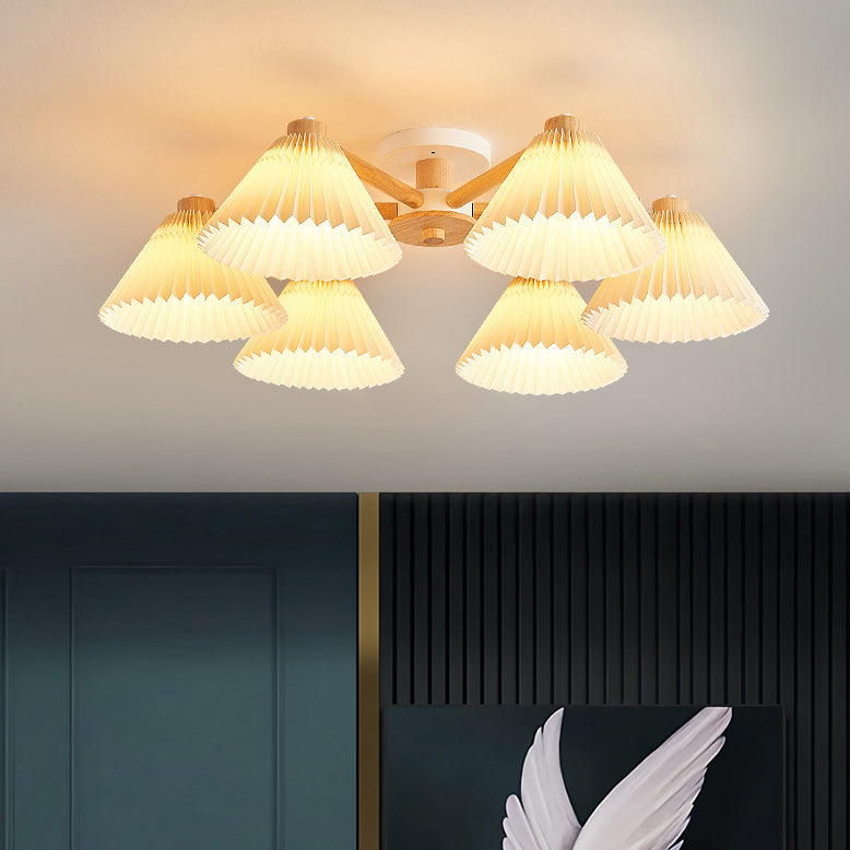 Plafonnier à 3/6 lumières avec matériel en bois et branches rondes à plis festonnés japonais traditionnels pour salon 