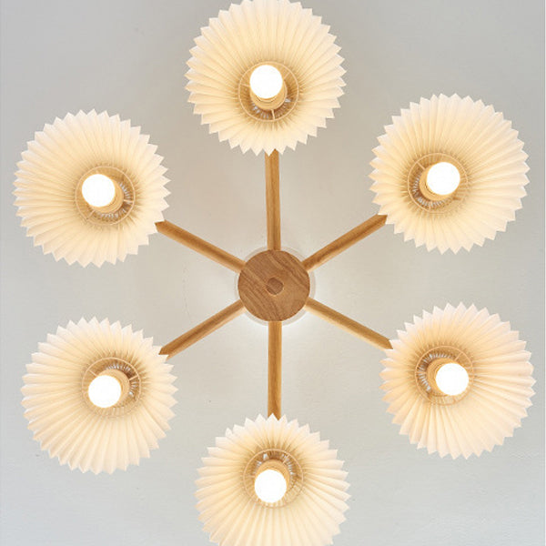 Plafonnier à 3/6 lumières avec matériel en bois et branches rondes à plis festonnés japonais traditionnels pour salon 