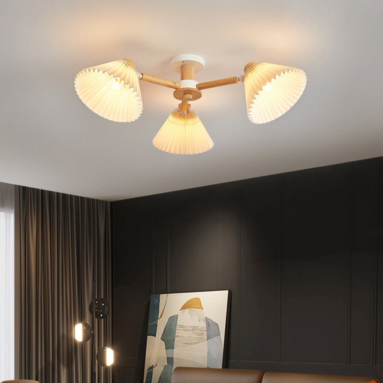 Plafonnier à 3/6 lumières avec matériel en bois et branches rondes à plis festonnés japonais traditionnels pour salon 