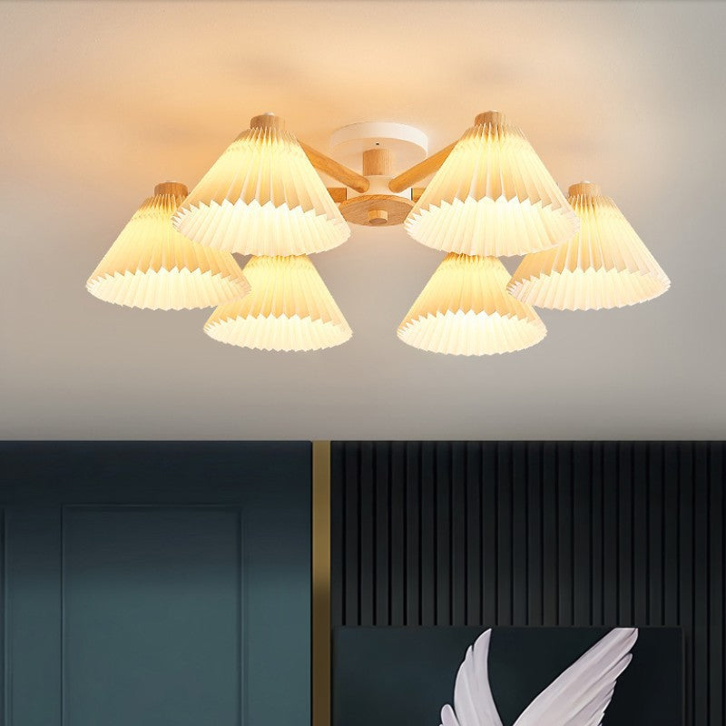 Plafonnier à 3/6 lumières avec matériel en bois et branches rondes à plis festonnés japonais traditionnels pour salon 