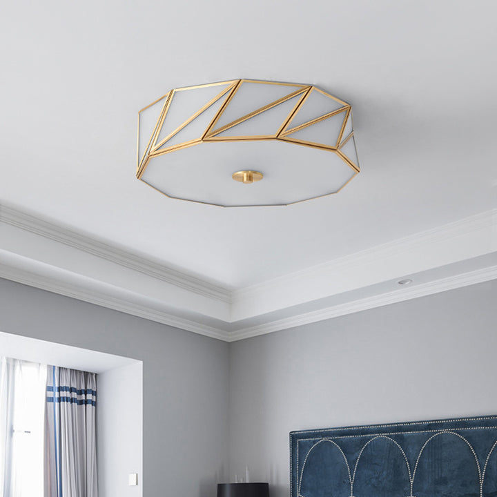 Plafonnier contemporain scandinave quadrilatère en verre et cuivre à 4 lumières pour salon 