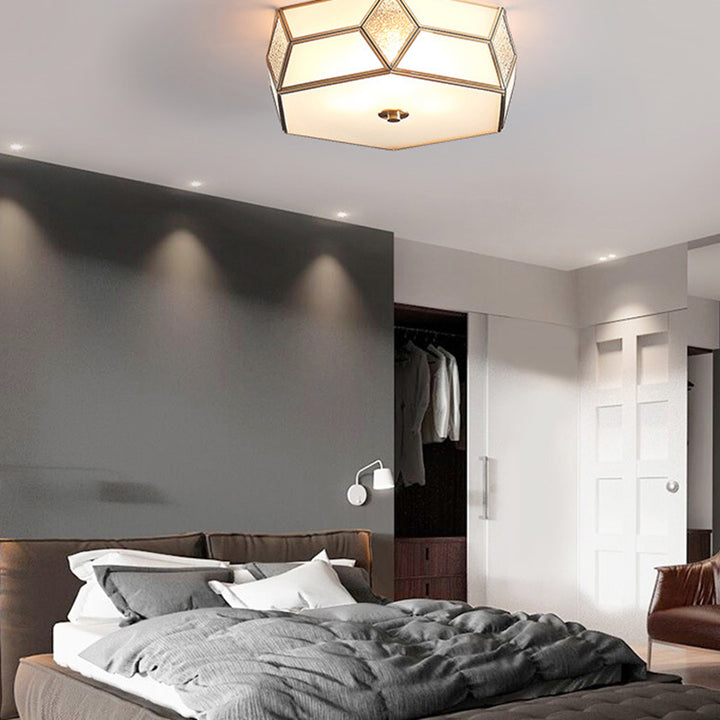 Contemporary Creative Prismatic Trapezoidal Octagonal Glass Copper 3/4/6 Light Flush Mount Ceiling Light For Living Room