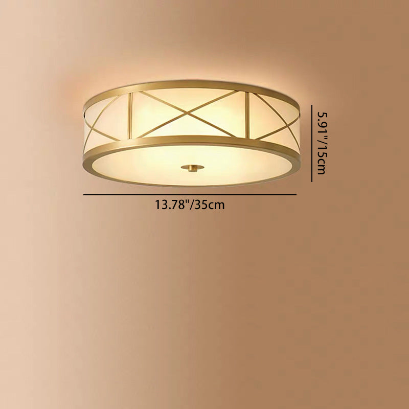 Plafonnier traditionnel rustique rond en verre droit vieilli cuivre 3/4 lumières pour salon 