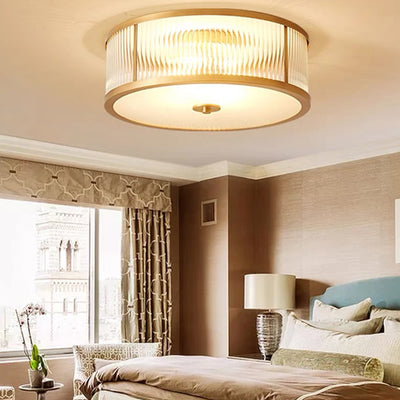Traditional Rustic Round Distressed Straight Glass Copper 3/4 Light Flush Mount Ceiling Light For Living Room