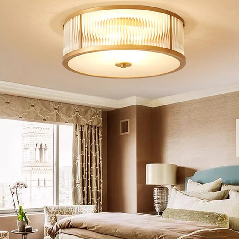 Traditional Rustic Round Distressed Straight Glass Copper 3/4 Light Flush Mount Ceiling Light For Living Room