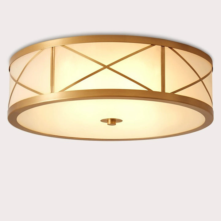 Plafonnier traditionnel rustique rond en verre droit vieilli cuivre 3/4 lumières pour salon 