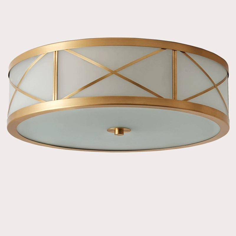 Plafonnier traditionnel rustique rond en verre droit vieilli cuivre 3/4 lumières pour salon 