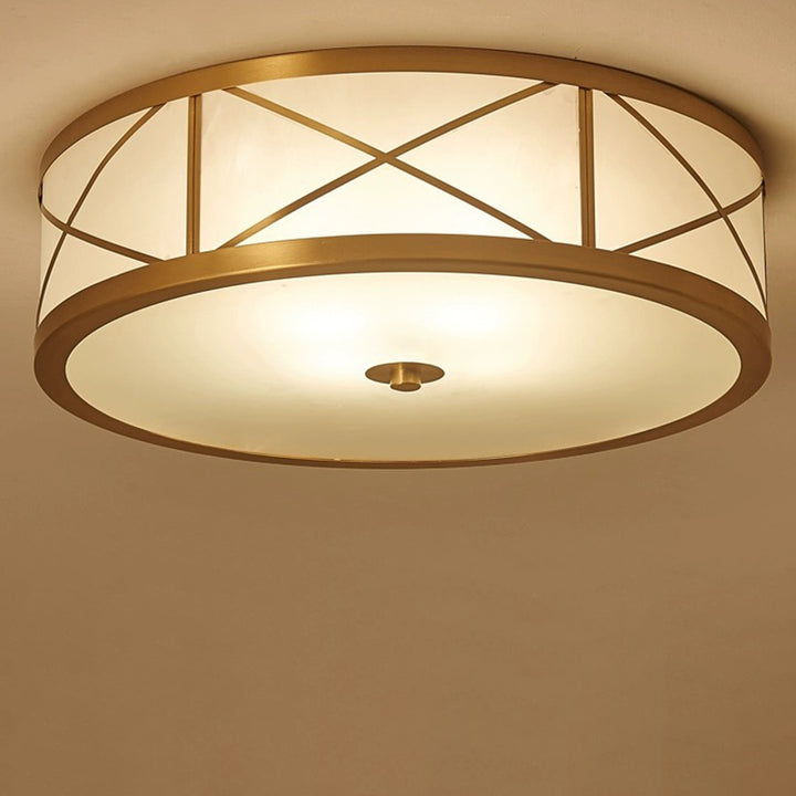 Plafonnier traditionnel rustique rond en verre droit vieilli cuivre 3/4 lumières pour salon 