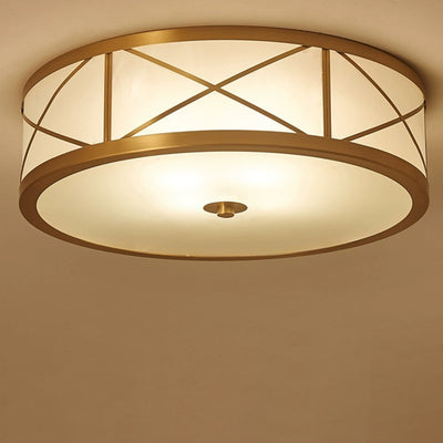 Traditional Rustic Round Distressed Straight Glass Copper 3/4 Light Flush Mount Ceiling Light For Living Room