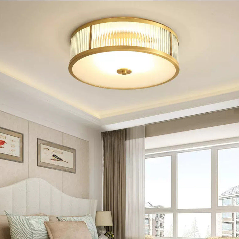 Plafonnier traditionnel rustique rond en verre droit vieilli cuivre 3/4 lumières pour salon 