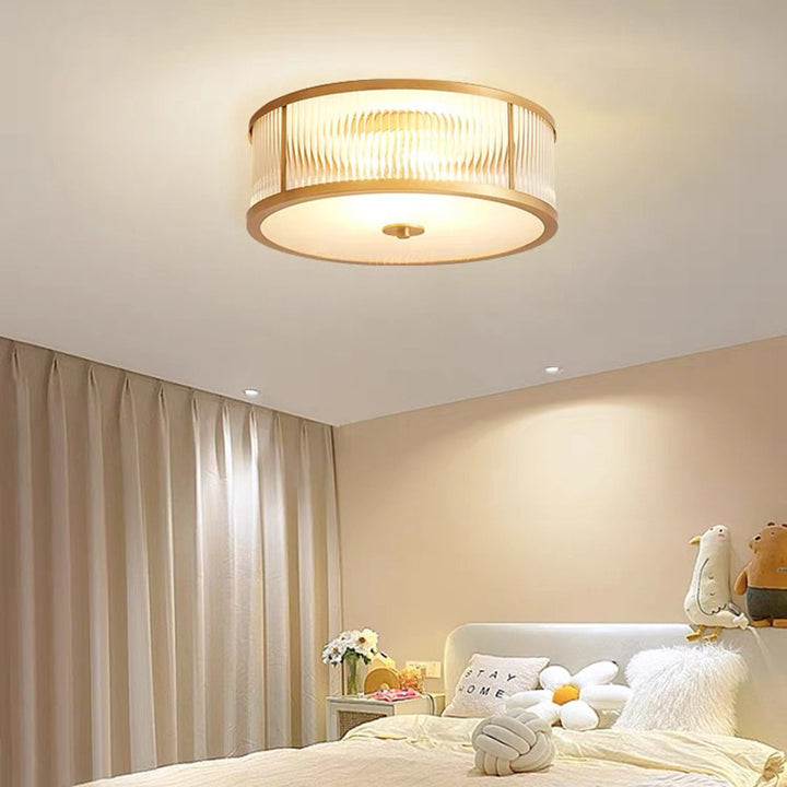 Plafonnier traditionnel rustique rond en verre droit vieilli cuivre 3/4 lumières pour salon 