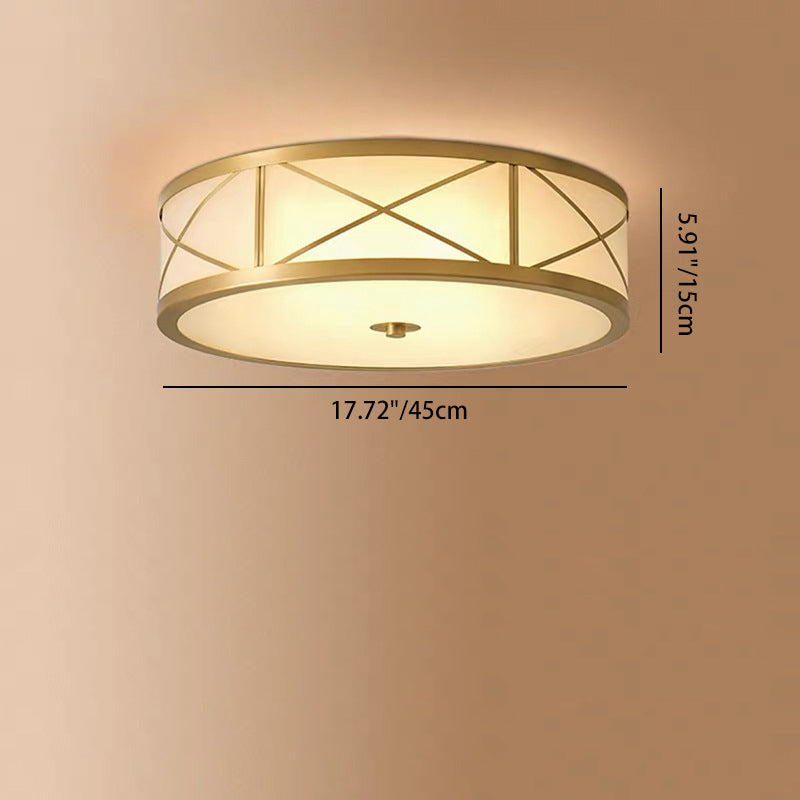 Plafonnier traditionnel rustique rond en verre droit vieilli cuivre 3/4 lumières pour salon 