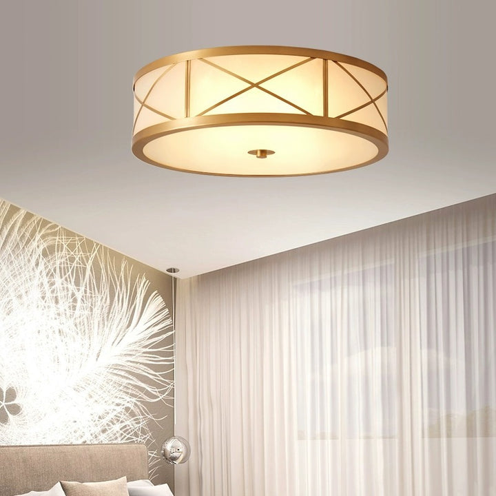Plafonnier traditionnel rustique rond en verre droit vieilli cuivre 3/4 lumières pour salon 