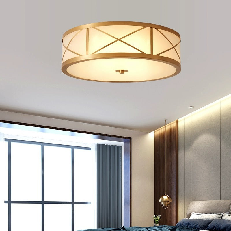 Plafonnier traditionnel rustique rond en verre droit vieilli cuivre 3/4 lumières pour salon 