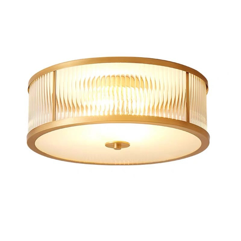Traditional Rustic Round Distressed Straight Glass Copper 3/4 Light Flush Mount Ceiling Light For Living Room