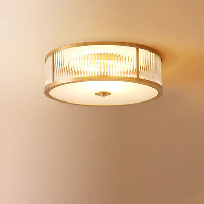Traditional Rustic Round Distressed Straight Glass Copper 3/4 Light Flush Mount Ceiling Light For Living Room