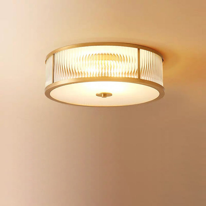 Plafonnier traditionnel rustique rond en verre droit vieilli cuivre 3/4 lumières pour salon 