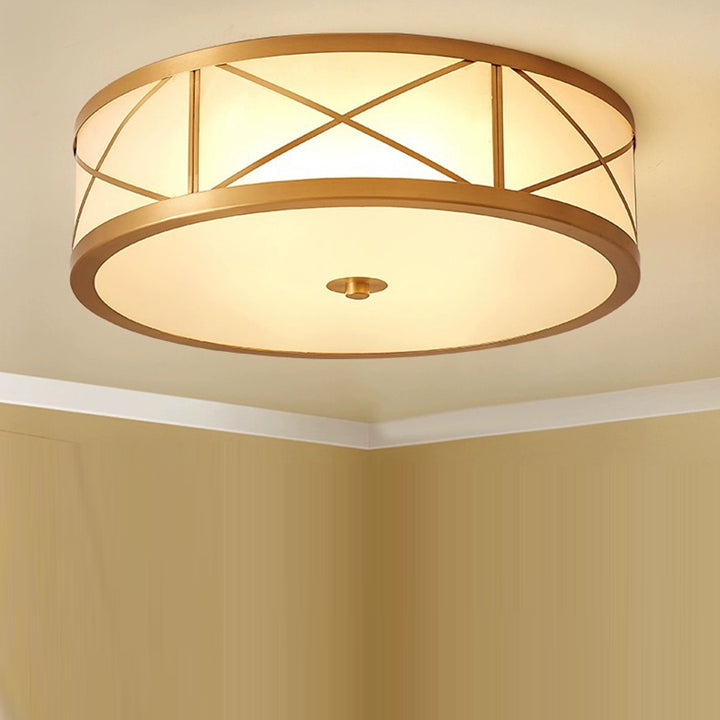 Plafonnier traditionnel rustique rond en verre droit vieilli cuivre 3/4 lumières pour salon 