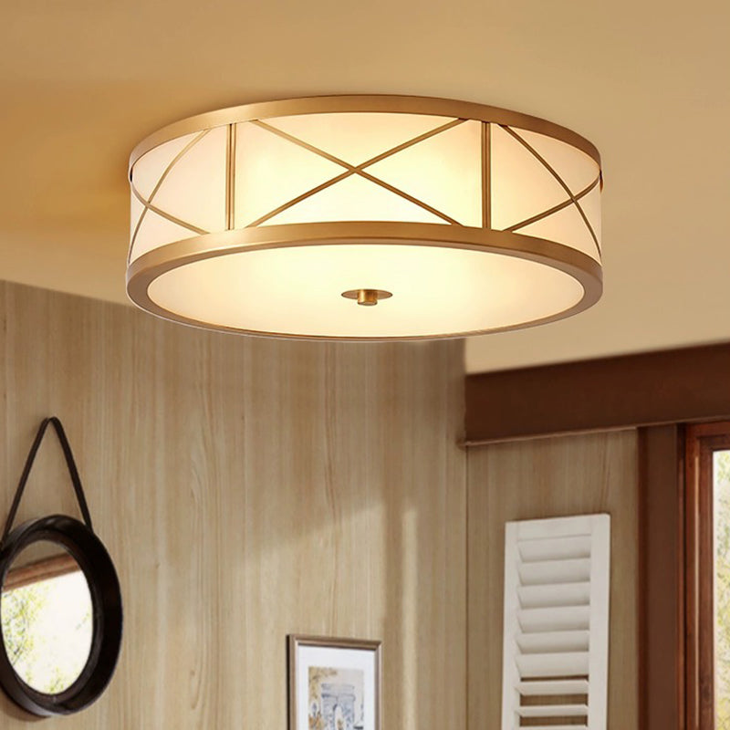 Plafonnier traditionnel rustique rond en verre droit vieilli cuivre 3/4 lumières pour salon 