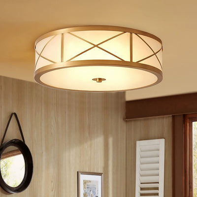 Traditional Rustic Round Distressed Straight Glass Copper 3/4 Light Flush Mount Ceiling Light For Living Room